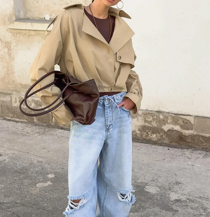 

Autumn New Khaki Double Breasted Suit Collar Windbreaker Jacket, Women's Fashionable High Street Loose Windbreaker Short Jacket
