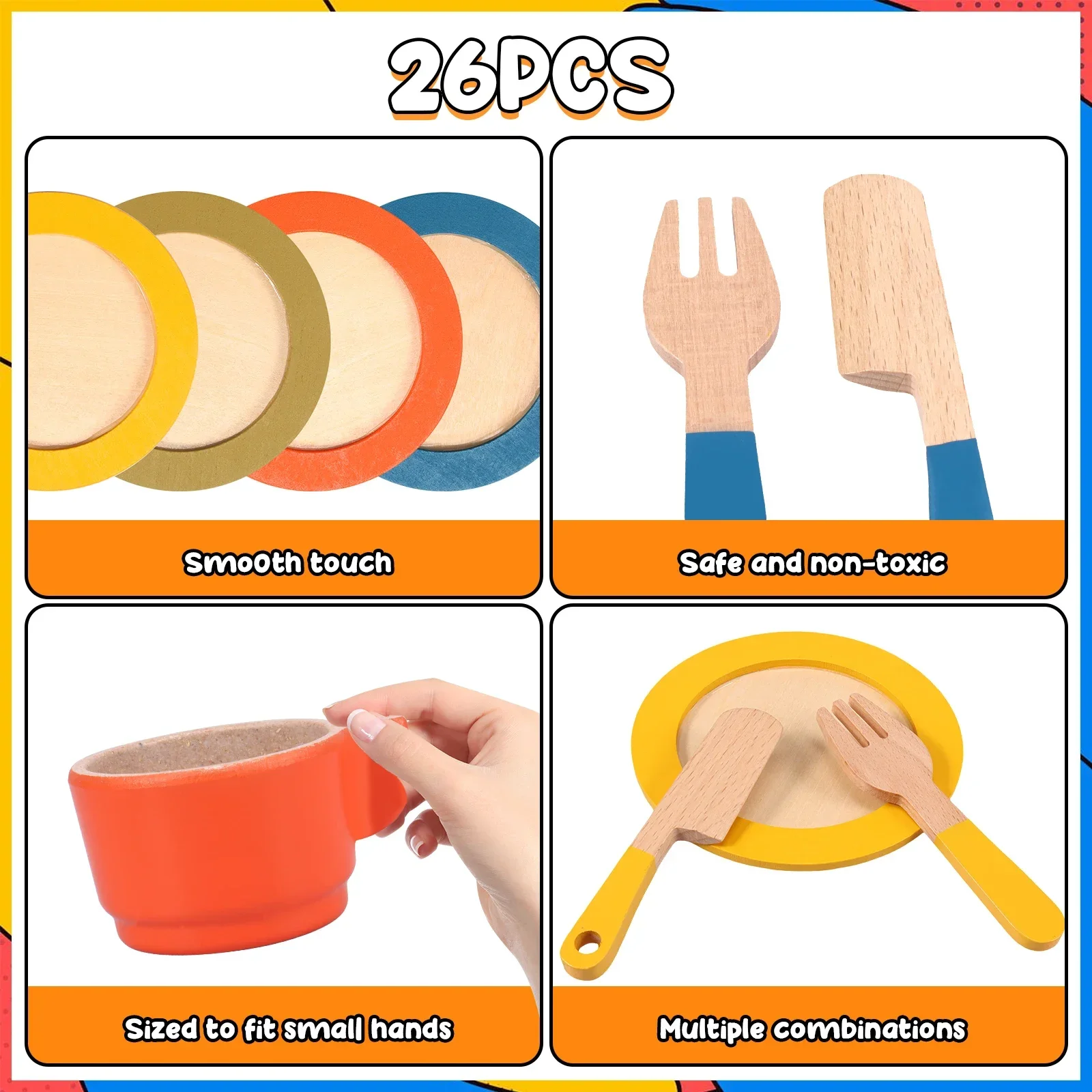 Juego de cocina de madera para niños pequeños, juego de simulación, plato educativo, accesorios