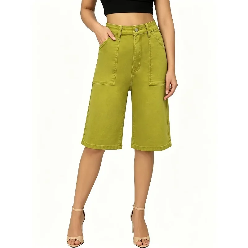 2026 Lemon Yellow High-waisted Tooling with Large Pockets and Five-point Pants, Wide-leg Leisure and Cool Ladies Wild Cowboy.