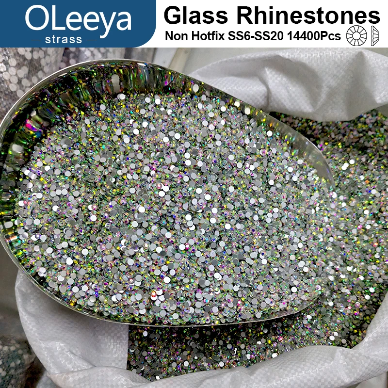 OLeeya 14400Pcs Non Hotfix Glass Rhinestones SS6-SS20 Flatback Crystal Strass Bulk Pack for Nail Art