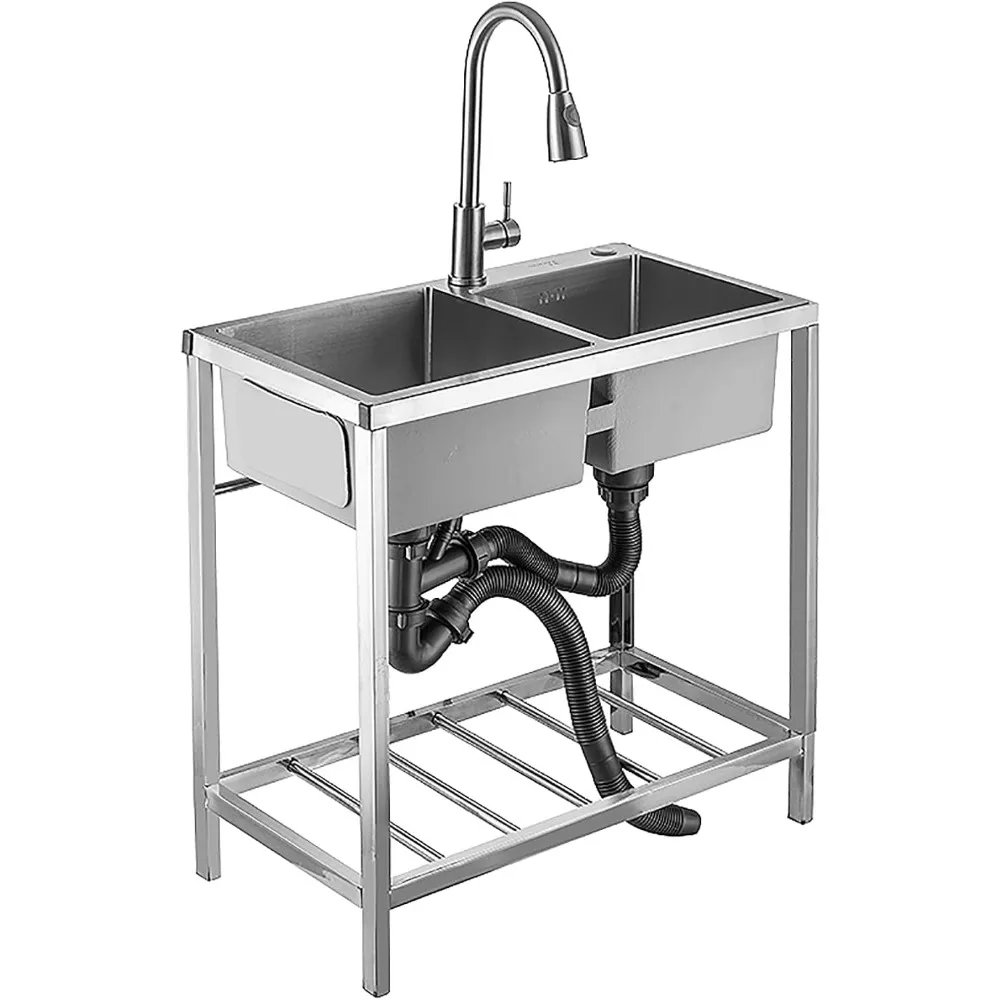 

Commercial Restaurant Sink 2 Compartment, Stainless Steel Utility Sink Free-Standing Kitchen Sink, with Strainer,for Garage, Res