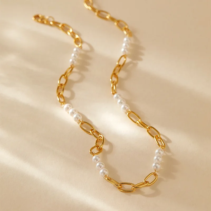 Kalung Lapis Emas 18K Sederhana, Dapat Ditumpuk untuk Wanita, Kalung Rantai Klavikula Berhias Manik-Manik, Perhiasan Fashion