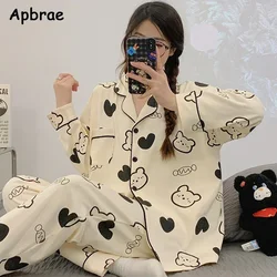 Korean Women Faux Cotton Pajamas Spring Autumn Cartoon Kimono Pijamas Female Pyjamas Kawaii Home Suit Long Sleeves Sleepwear