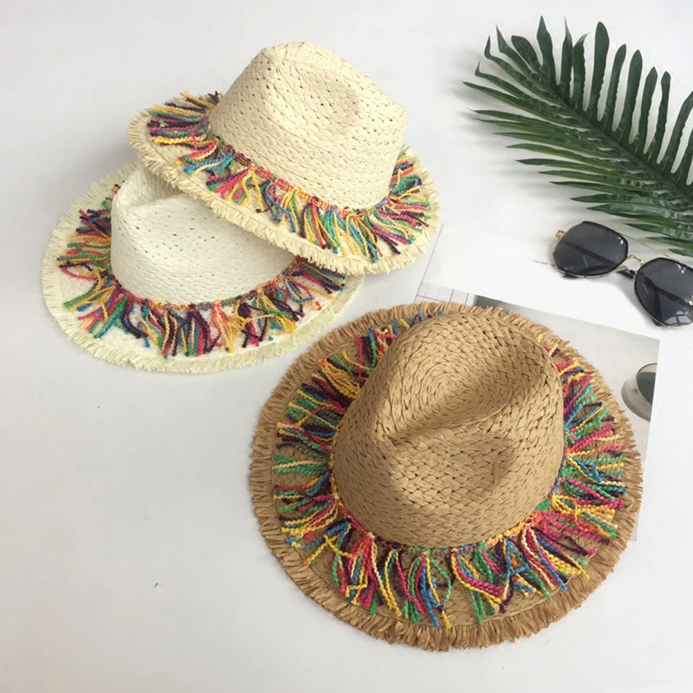 

Straw Braid Sun Lightweight Portable Outdoor Activities Women Beach Hat Large Size Tassel Design Beige Travel
