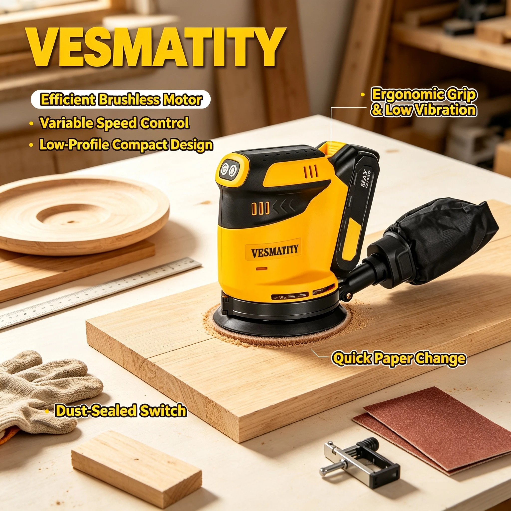 VESMATITY Dust Collection Orbital Sander Speed Heavy Wood Polishing Construction Workshop Tool for Dewalt Battery Pro Ultra