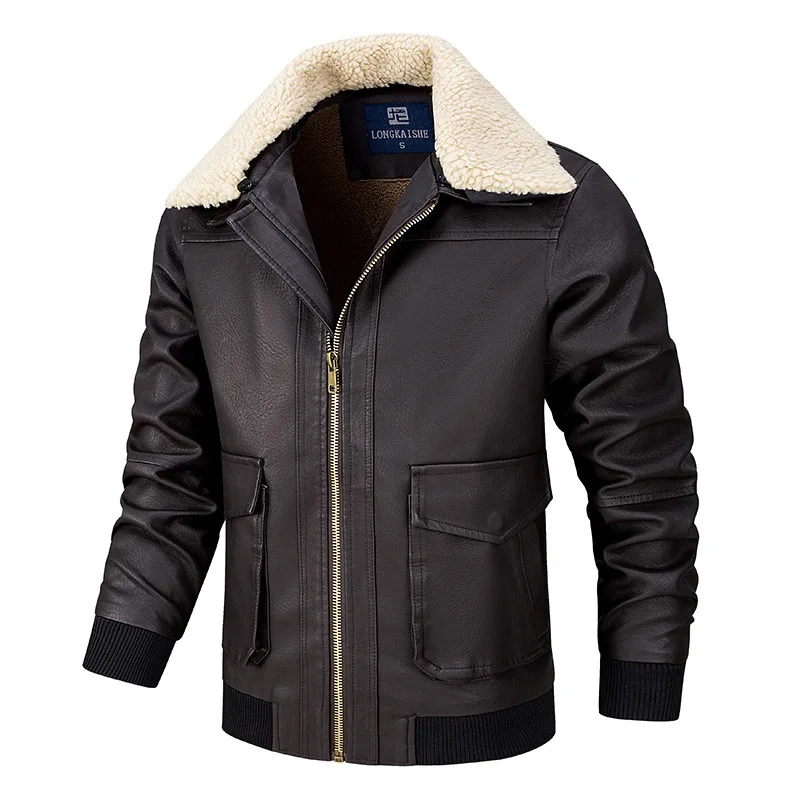 

2025 men's winter new velvet lapel casual locomotive, handsome PU leather jacket