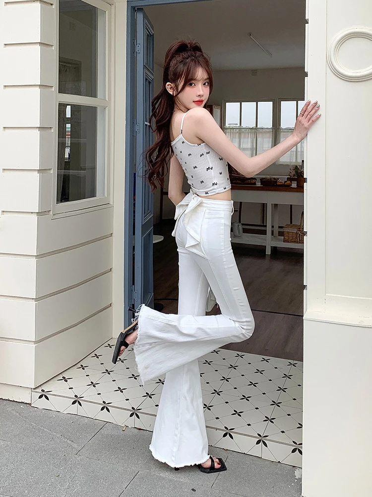 High Waist Bell Bottom Denim Jeans Women's Spring Autumn Fashion  Knot Slimming Hip Enhancing Casual Jeans