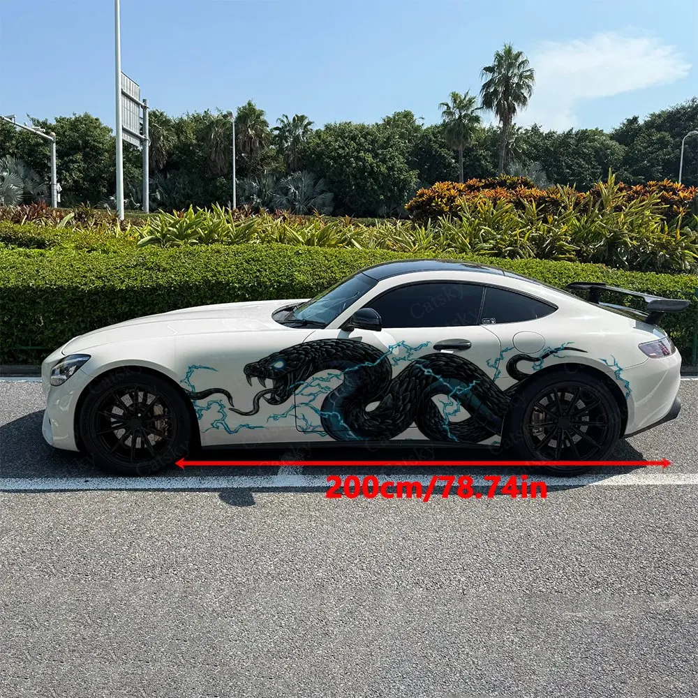 2pcs Blue Lightning Black Python Car Side Wraps, Self-Adhesive PVC Waterproof & Scratch-Resistant Stickers, Car Accessory Gift
