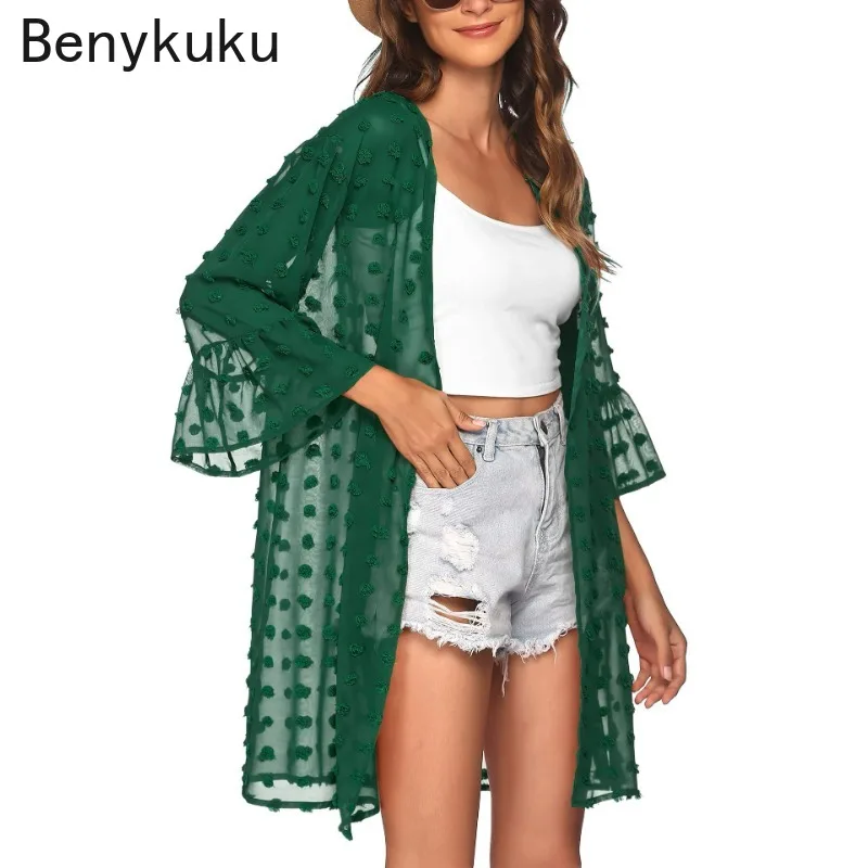 2024 Summer Women's Loose Chiffon Jacquard Cardigan Casual Transparent Long Open Stitch 3/4 Flare Sleeve Swimming Beach Cover Up