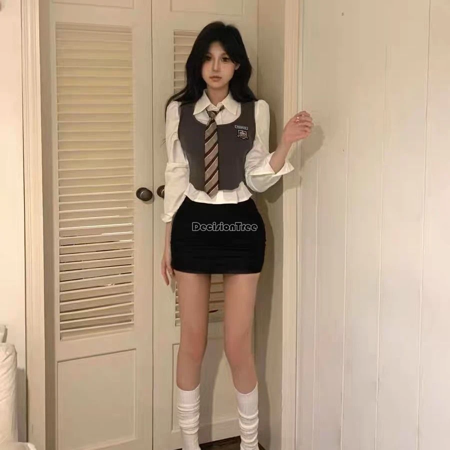 2024 korean style jk uniform women slimming long sleeve shirt knit vest college style bag hip short skirt three-piece set w735