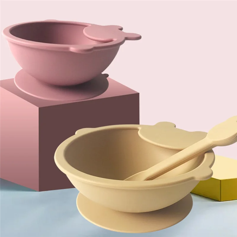 أحدث 1 مجموعة أطباق شفط السيليكون المرحلة الأولى تغذية لوحة سيليكون الأطفال لوحة سيليكون مع ملعقة C