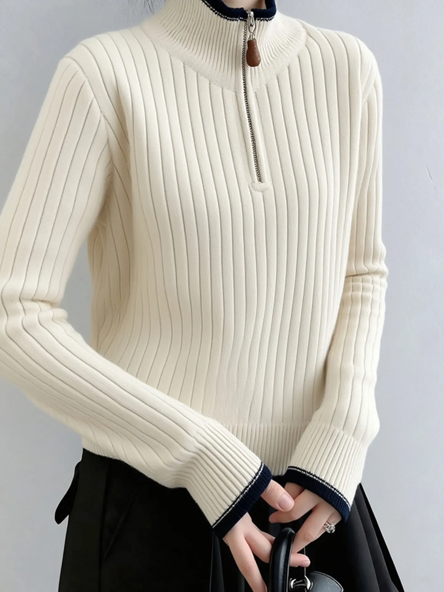 

Design Sensation Color Blo Long Sve Camere Knitted Sweater Winter Faion Trend Women's Top Zipper Detail Korean Sle