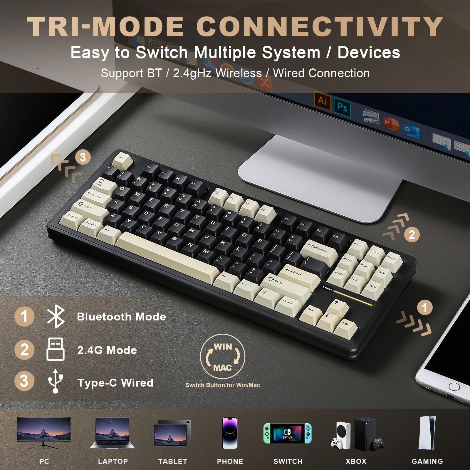 Imagem -03 - Yunzii-teclado Gaming Mecânico sem Fio Teclado Hot Swappable Nkro Rgb Backlit Preto Tkl 75 Junta de 87 Teclas Bt5.0 2.4g Usb-c Yz87