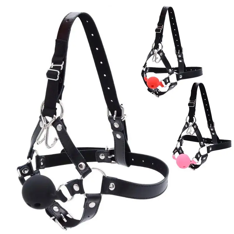 Adult SM Sex Products Restraints Strap Head Belts 3 Size Mouth Gag Ball and Nose Hook for BDSM Fetish Couple Role Play Sex Toys