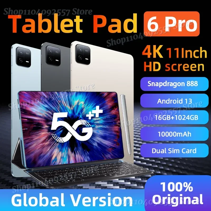 

2024 Hot Global Version Pad 6 Pro Tablets PC Original HD 4K Snapdragon 888 16GB+1024GB 10000mAh Android 13 11 inch 5G WIFI Mi