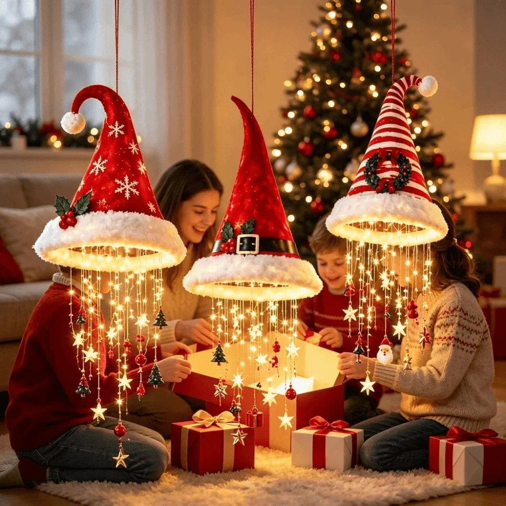 Romantic Christmas Hat Hanging Light Warm Light with Tassels Christmas Decor Lamp Exquisite Snowflake