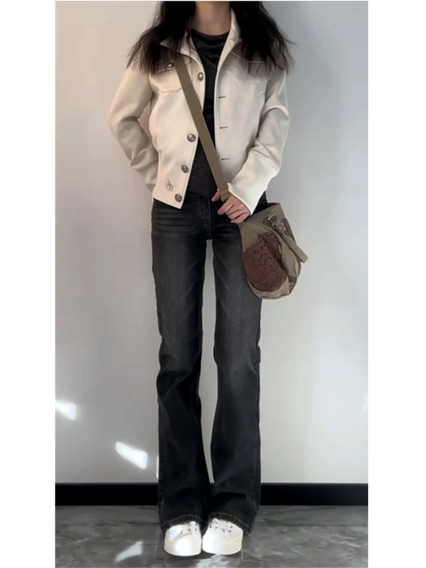 

Джинсы-клеш с низкой талией и удлиненными штанинами, женские, облегающие, модные, весенние, черные, серые, в ретро-стиле, повседневные брюки