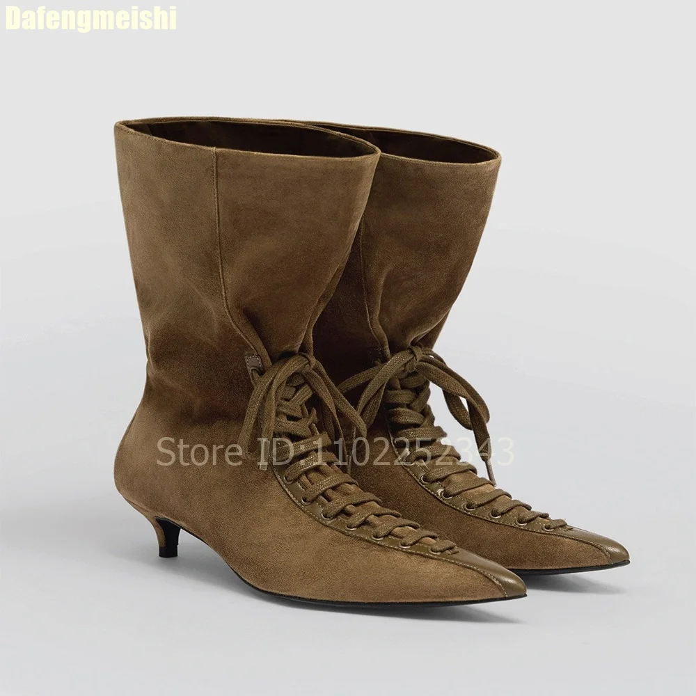Pointed-Toe Lace-Up Wide-Calf Boots Women Black Brown Suede Stiletto Kitten Heeled Ankle Boots Street Fashion Mid-Calf Boots