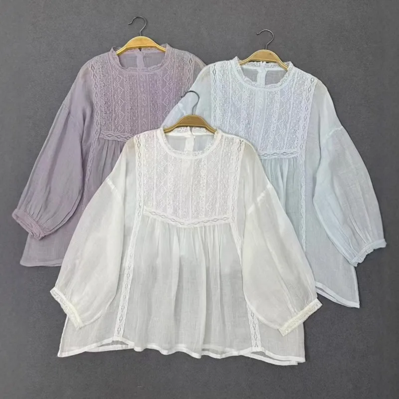 

Johnature Summer New Retro Pullover Lace Ramie Loose Three-quarter-sleeved Shirt 2025 New Casual Thin Simple Women Blouses
