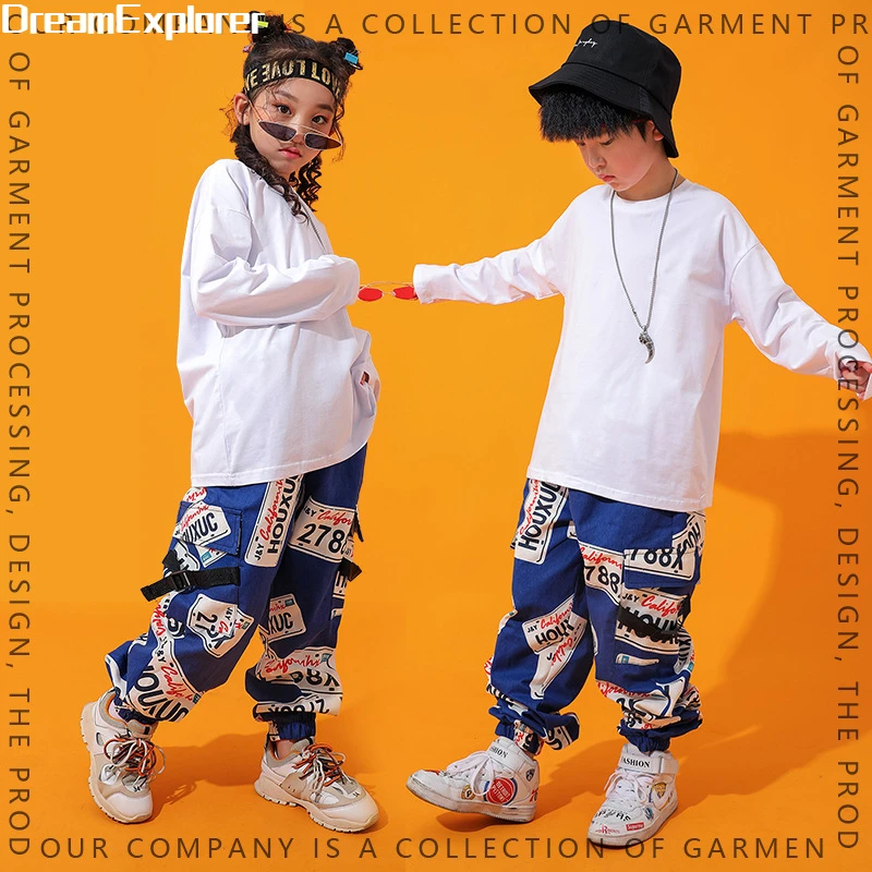 Conjunto infantil de calças Hip Hop Top e Cargo, moletom, Graffiti, corredores, roupas, Street Dance Wear, traje de jazz, streetwear, meninos,