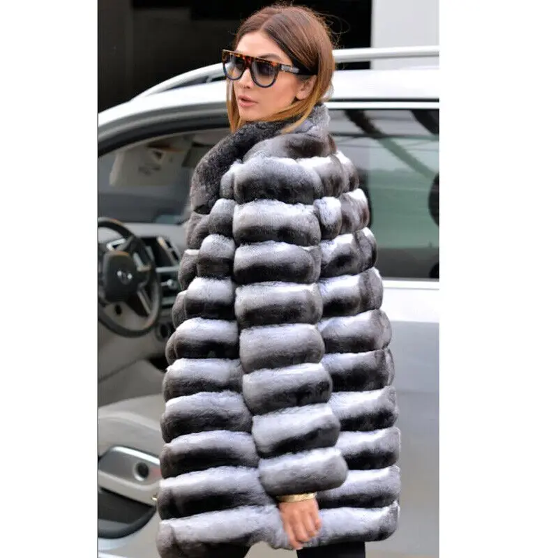 Luxury Women Chinchilla Jacket Winter Real Rex Rabbit Fur Coat Soft Stand Collar Thick Outcoat Natural Real Fur Warm Outwear