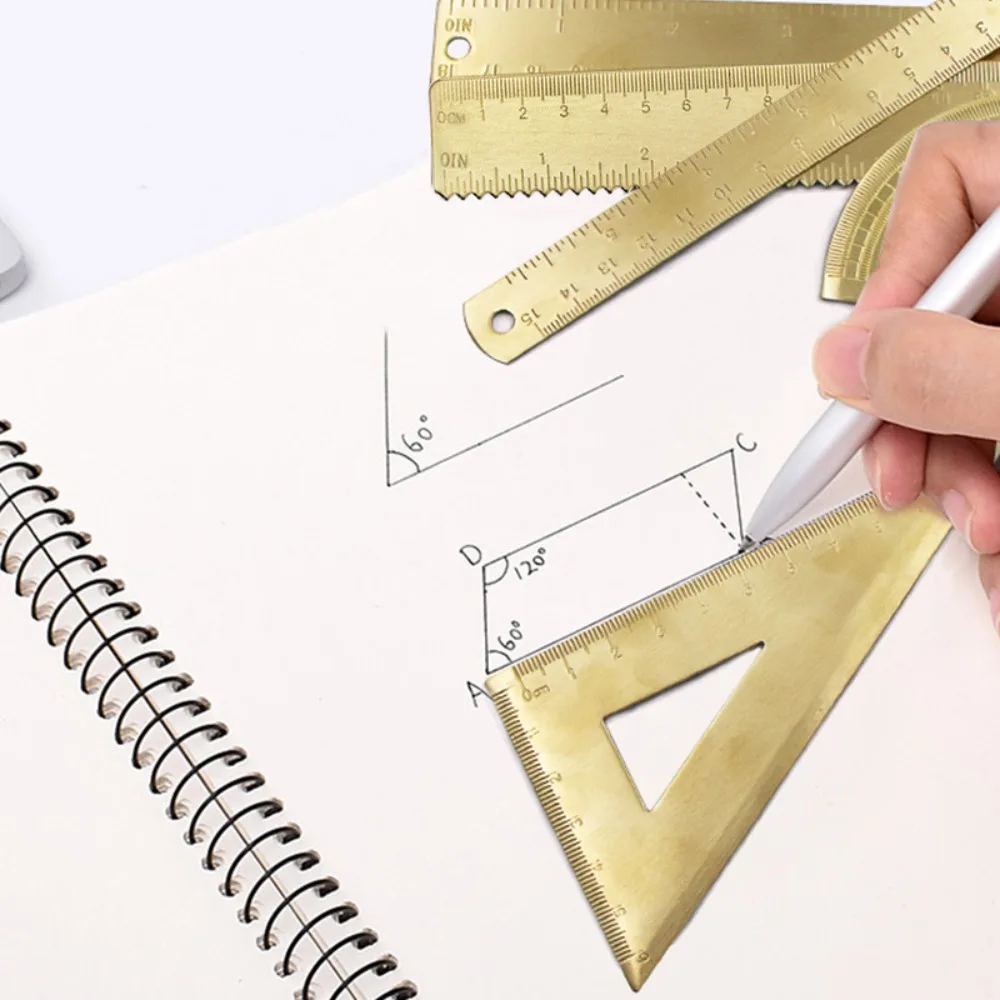 Vintage Brass Straight Ruler Measuring Tool Gold Bookmark Painting Drawing Tools Stationery Metal Triangle Ruler Protractor