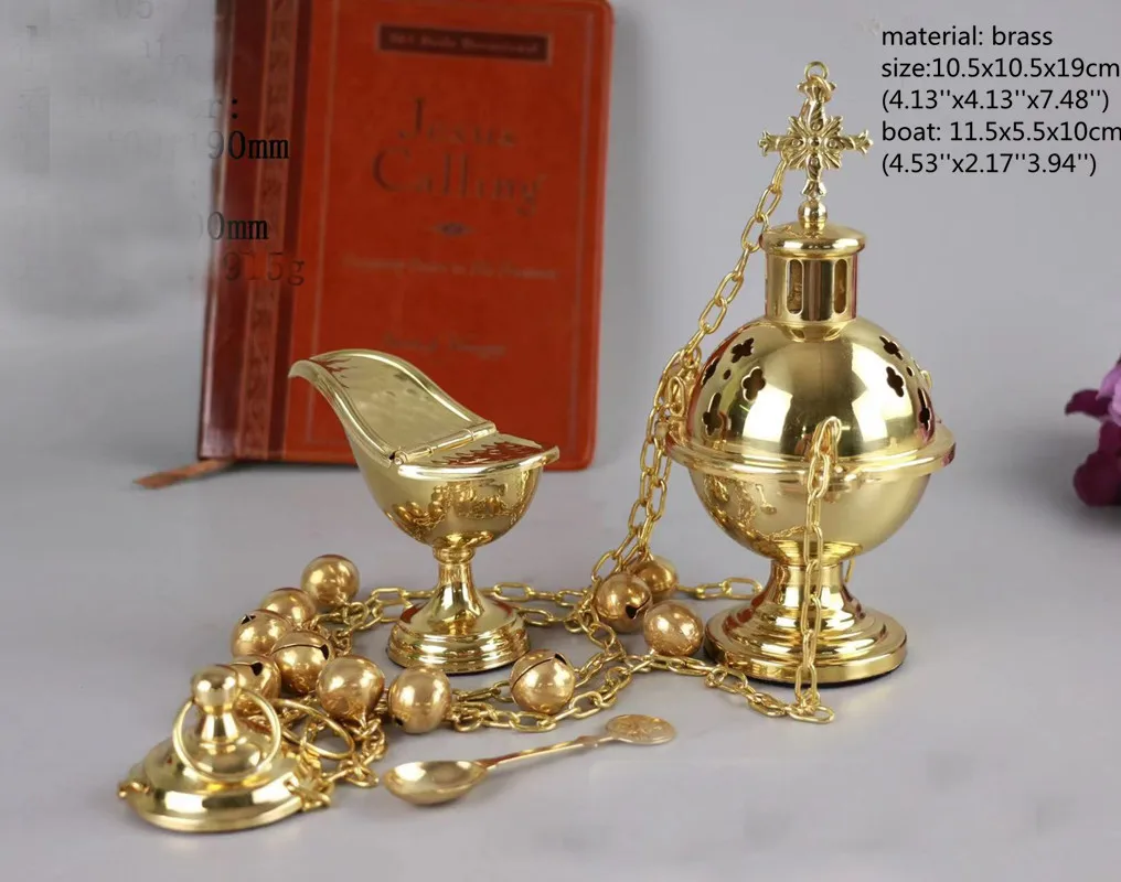 Catholic Rite Hanging Censer with Cross Chain, Brass, High Polished, Charcoal Incense Burner, 12 Bells, Boat Set