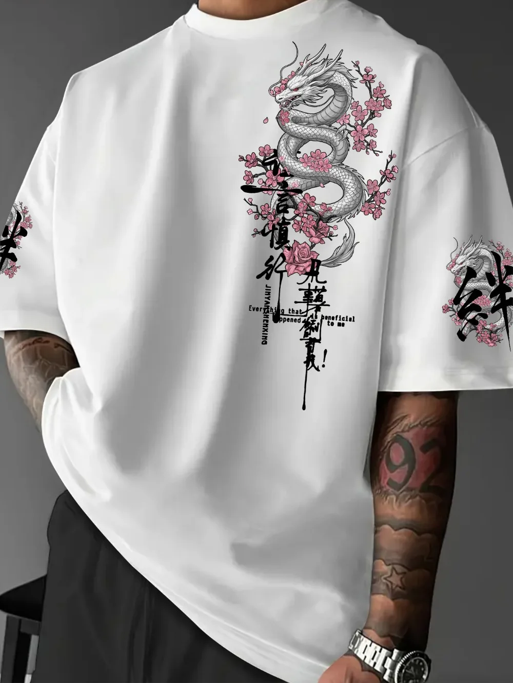 Harajuku Sakura Dragon & Calligraphy 3D-Druck Sport Schnelltrocknend Breatha Herren T-Shirt Outdoor Street Fashion Y2K Eltern-Kind-Kleidung – Detail 2