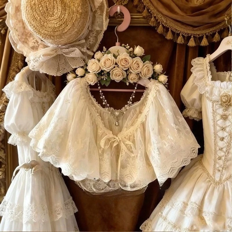 Japanese Retro Lolita Sweet Lace Shawl Women Versatile Drawstring Doll Collar Blouse Embroidery Shirt Kawaii Cardigan