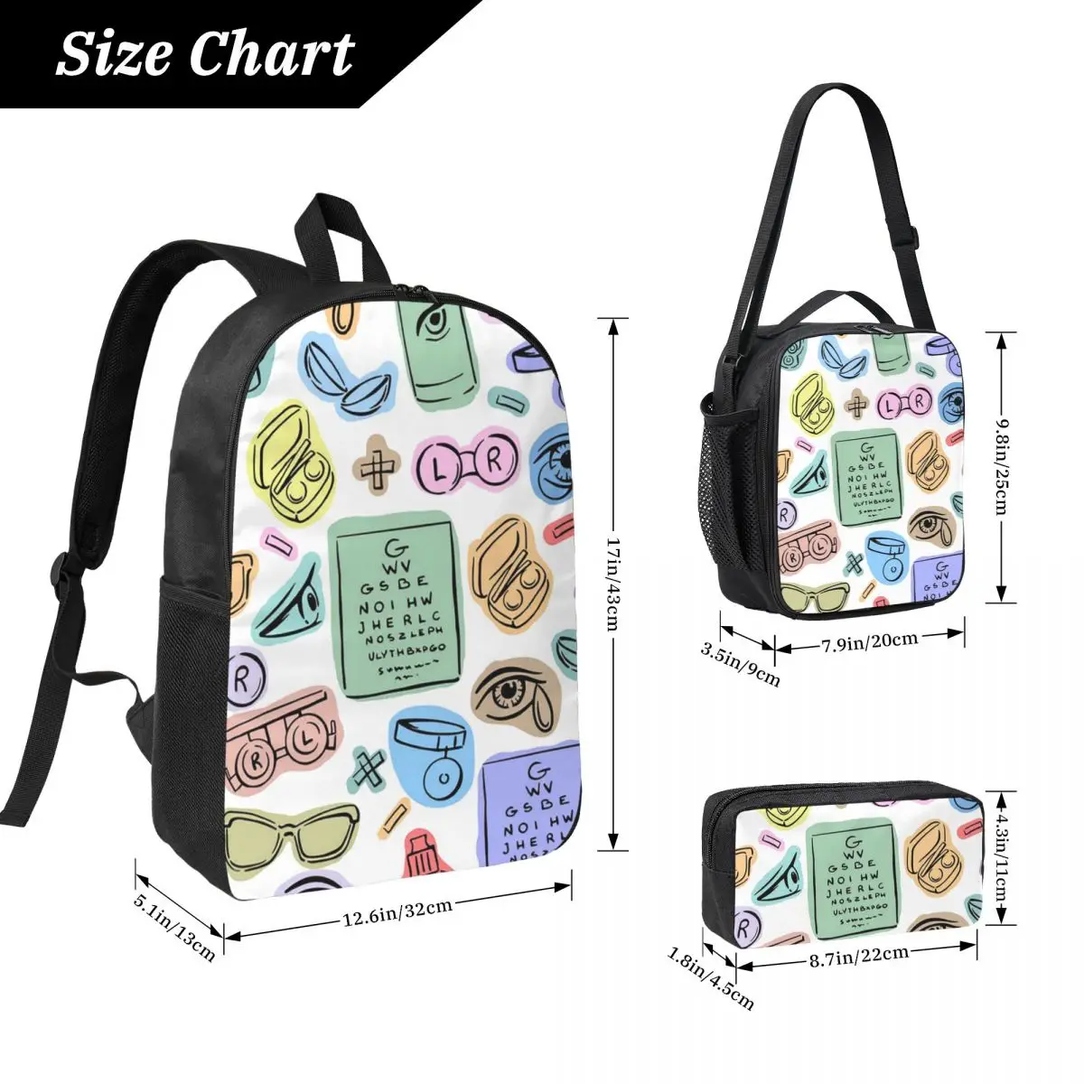 Themed Around Optometry Backpack Boys Girls BookBag School Bag Laptop Shoulder Bags 3ps Insulated Lunch Bag Pencil Case