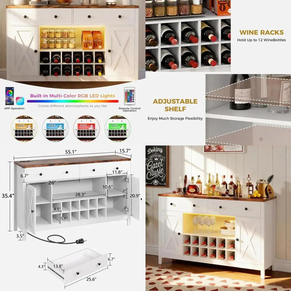 

Винный шкаф-бар Illuminated 55.1 с подсветкой и зарядной станцией, тумба для хранения для дома и гостиной, белый цвет