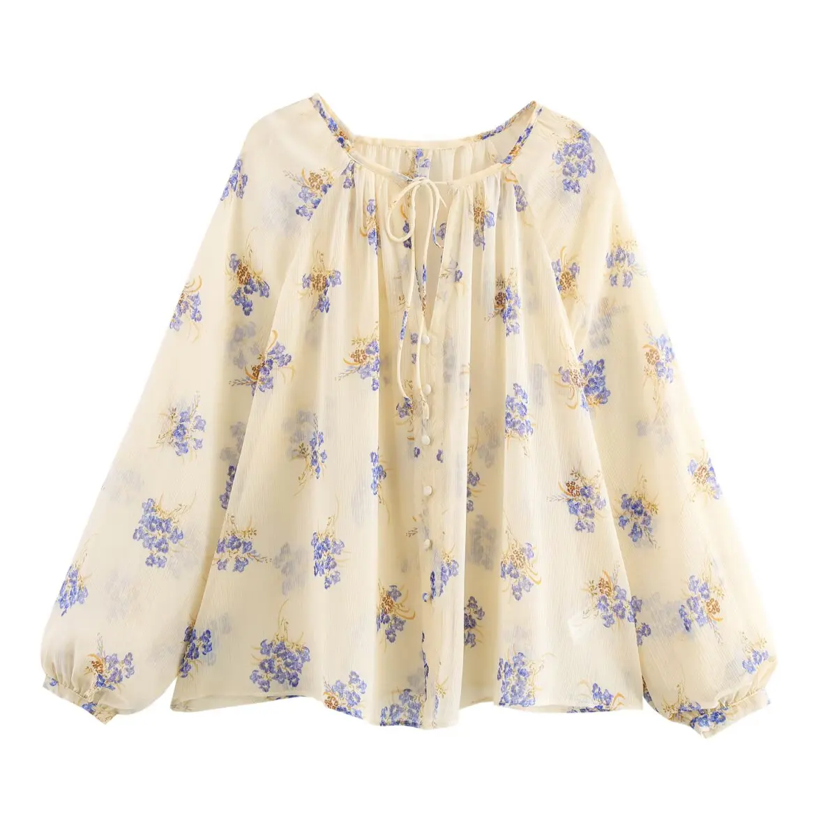 

2025 New Women's Clothing European and American Style Loose Translucent Round Neck Lace-up Long Sleeve Floral Shirt