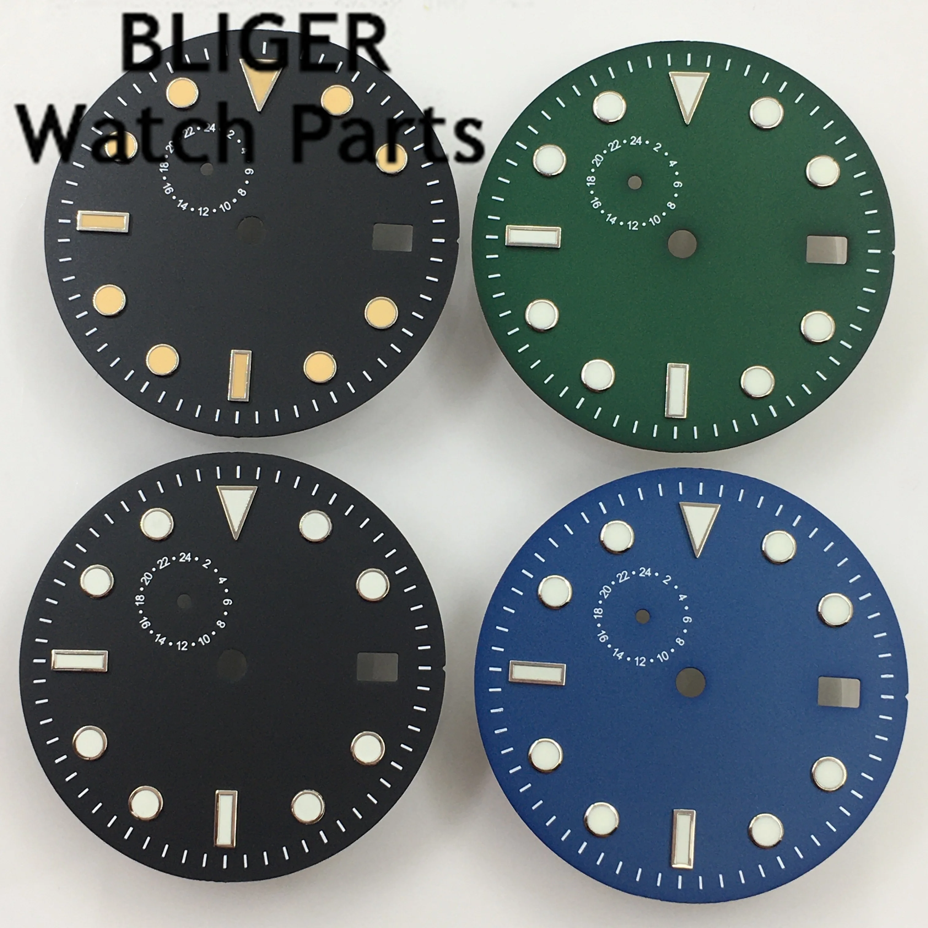 

BLIGER 31mm black blue green watch dial green luminous sterile dial fit NH37 movement