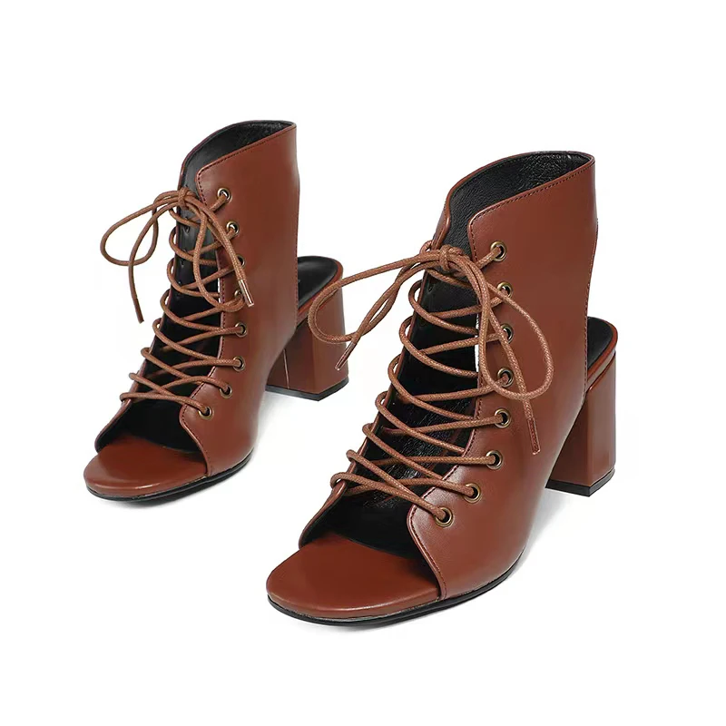 

2023 Fashion High Heels Women's Authentic Cowhide Lace up Round Head Women's Sandals Handmade Sexy Hollow Gladiator Shoes Women'