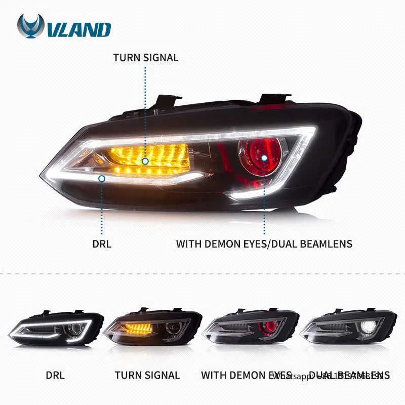 مصابيح أمامية LED كاملة من الشركة المصنعة VLAND مع إشارة متحركة + كشافات DRL 2011-2017 مصباح أمامي لسيارة VW Polo Vento Mk5