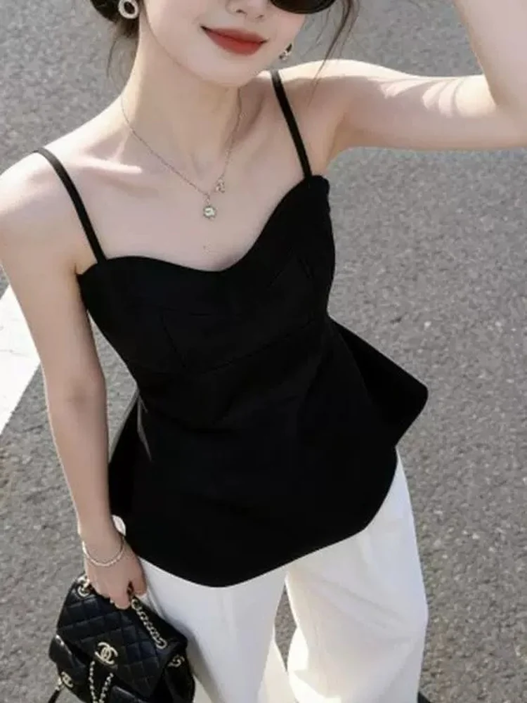 Sexy Black Strap Vest Women's Fashion Slim Fit Summer Outerwear Trendy Top Brand Buckle Euro Style Casual Breathable Casual