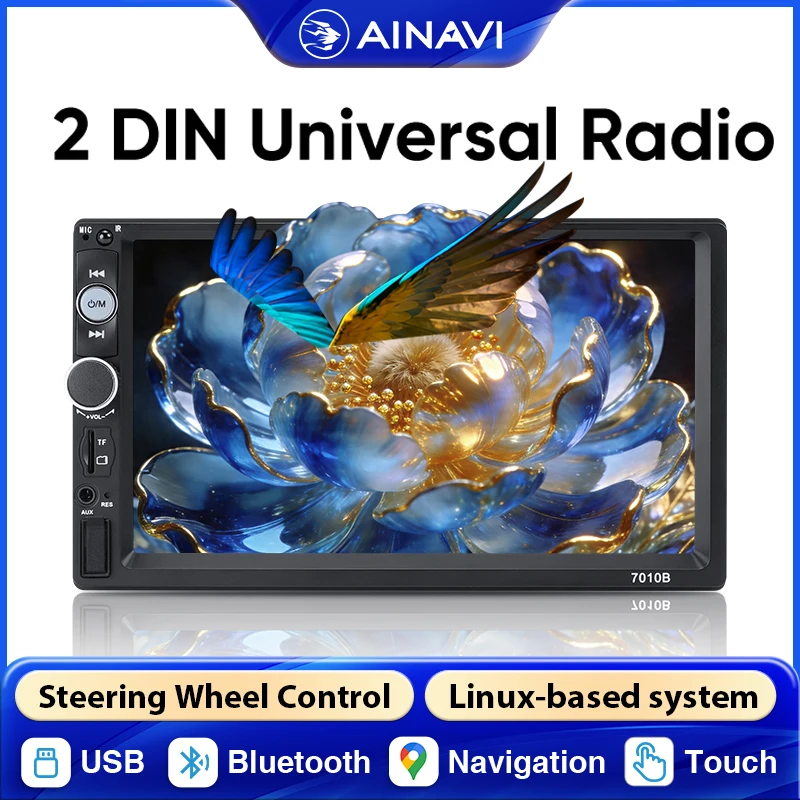 Radio para Auto AINAVI Universal 2Din con Bluetooth, Carplay Inalámbrico, Android Auto, Pantalla Táctil, Sistema de Infoentretenimiento, USB Tipo-C, K70 de 7 Pulgadas
