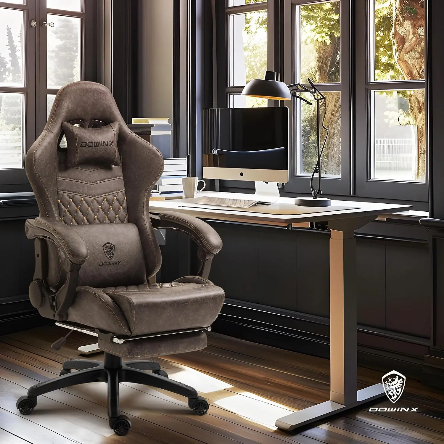 Vintage Gaming Chair, 400lb Heavy Duty Ergonomic Office Chair with Massage Lumbar, Footrest & Recline, Brown, Customized