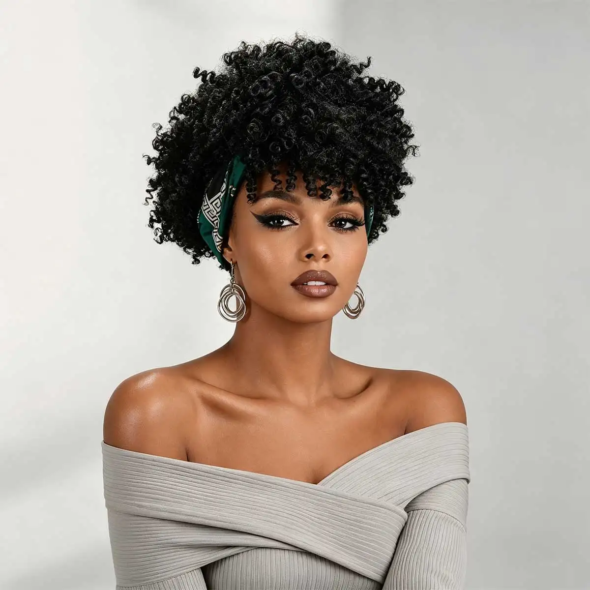 Dark Green Greek Key Headband Wig for Women, Short Kinky Curly Synthetic Glueless Afro Curly Wig with Curls Daily Style
