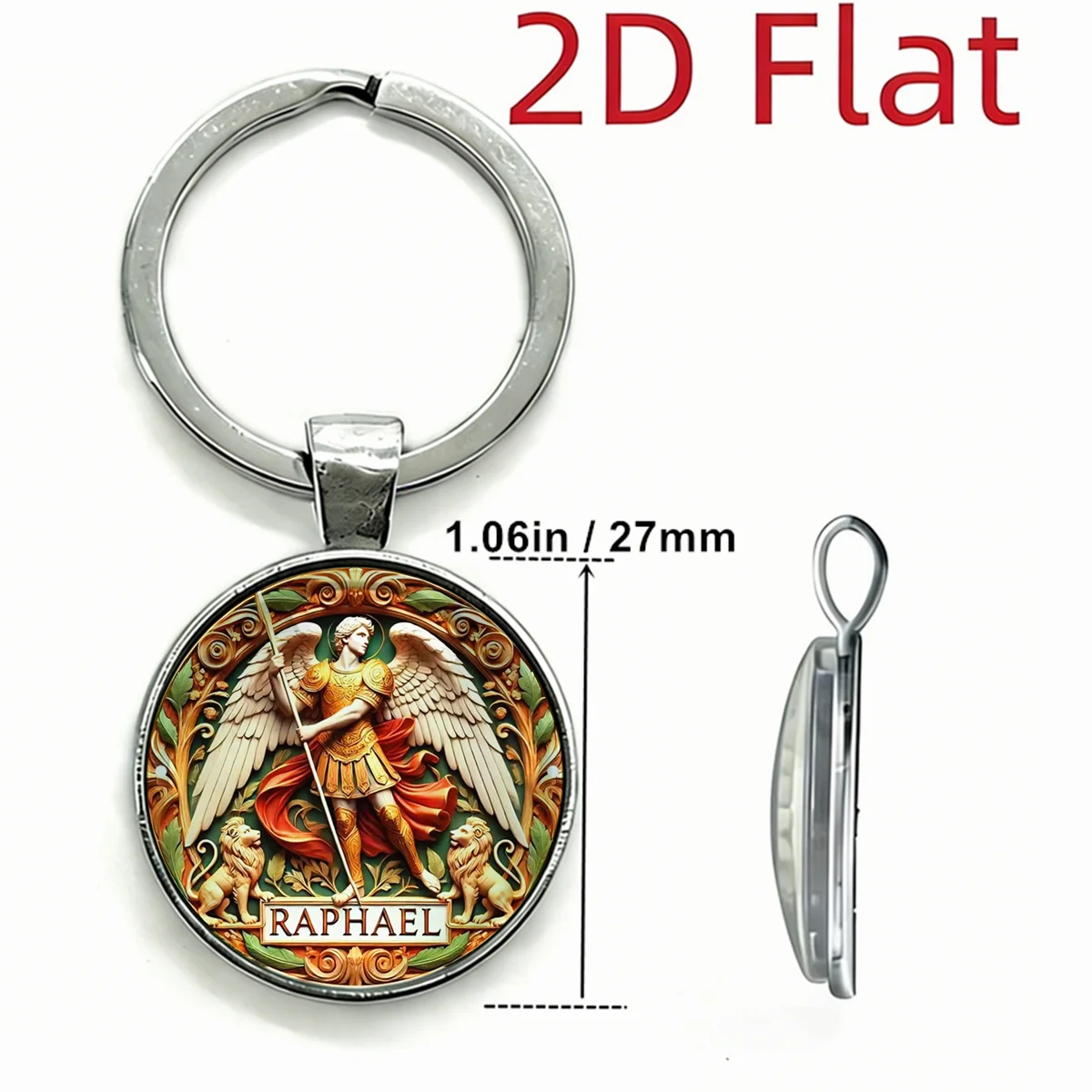 1PC Archangel Raphael Keychain - St. Raphael Glass Dome Religious Keyring Traveler Protection Spiritual Amulet Charms Key Chain