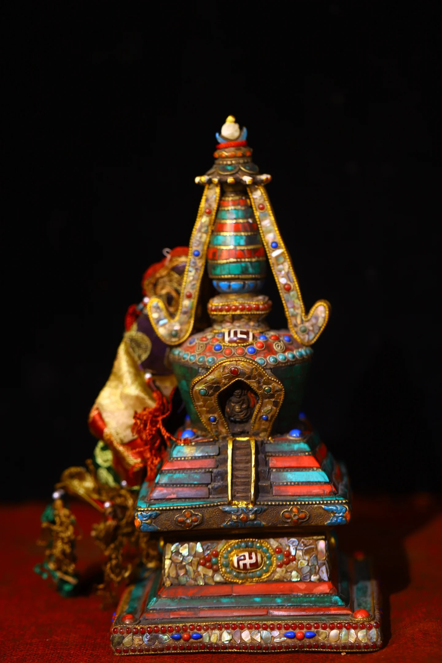 10Old Bronze Painted Mosaic Gem gZi Beads Turquoise Shakyamuni Buddha Pagoda stupa Worship hall