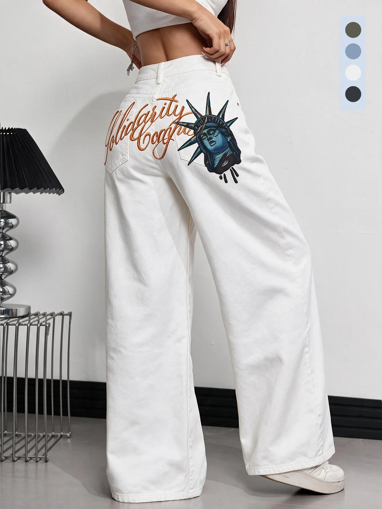 Women Autumn Mid‑Waist Wide‑Leg Y2K Jeans Back Pocket 3D Embroidery Skin‑Friendly Denim For Shopping Casual Outfit