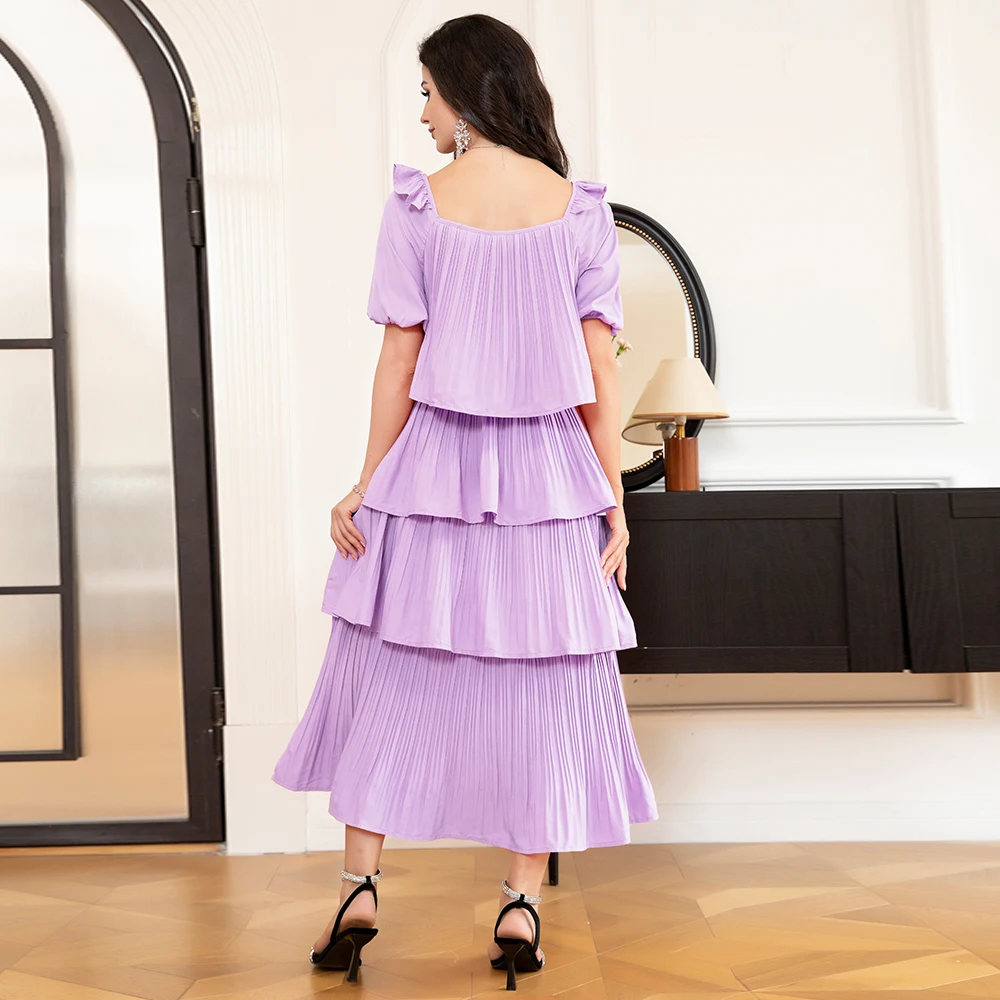 Elegant style Square collar Solid color Pleated Lantern sleeve Long Dresses