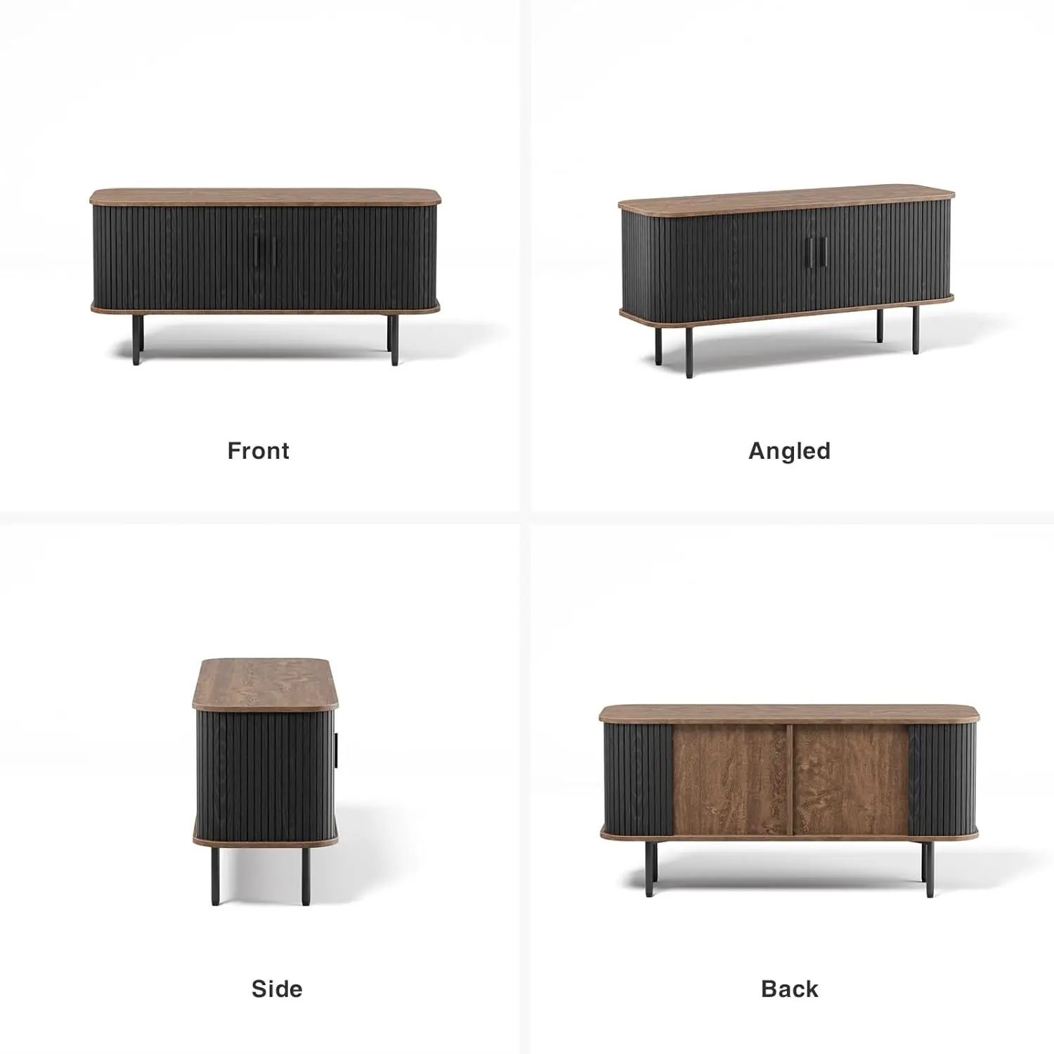 Szafka RTV 47' w kolorze czarnym z przesuwanymi drzwiami, stojak pod telewizor z zaokrąglonymi krawędziami, szafka z żebrowanym wykończeniem do salonu, kuchni