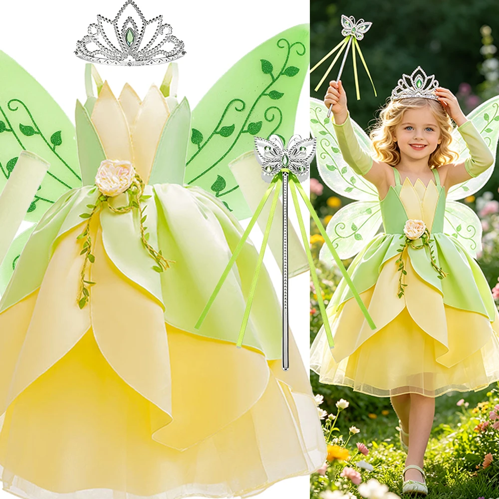 Birthday Dress Luxury Kids Flower Fairy Elf Costumes Green Princess Gowns for Girls with Butterfly Wings