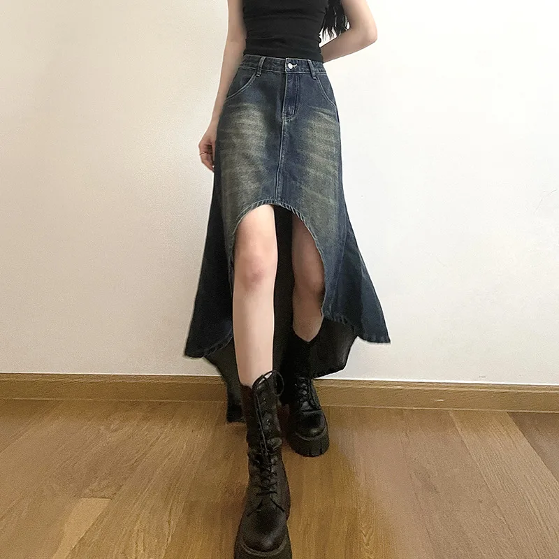 Saia jeans linha A de cintura alta feminina, saia midi irregular, roupas vintage Y2k, tamanho grande, estilo rua, moda verão