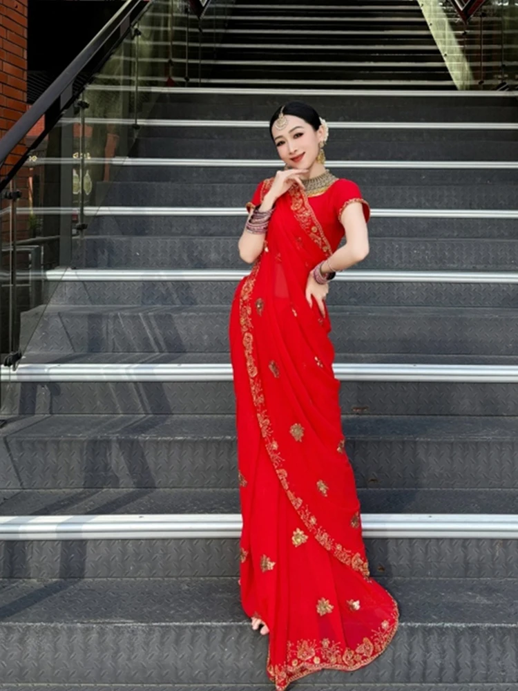 Red Indian Dance Costume Bollywood Dance Stage Performance Clothing Female Punjabi Costume Women Oriental Dance Clothes DQL10758