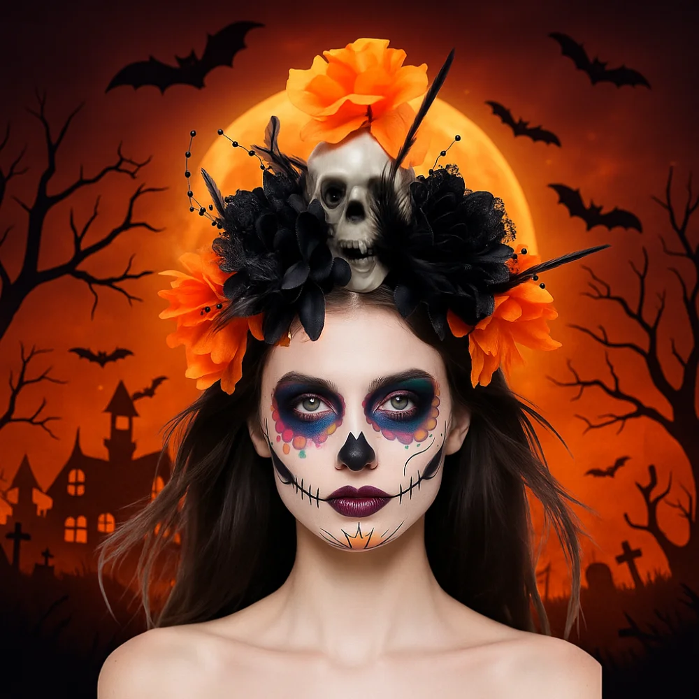

Dark Skull Head Headband Simulation Flowers Halloween Decor Halloween Skull Headband Bat Gothic Day of The Dead Headband Party