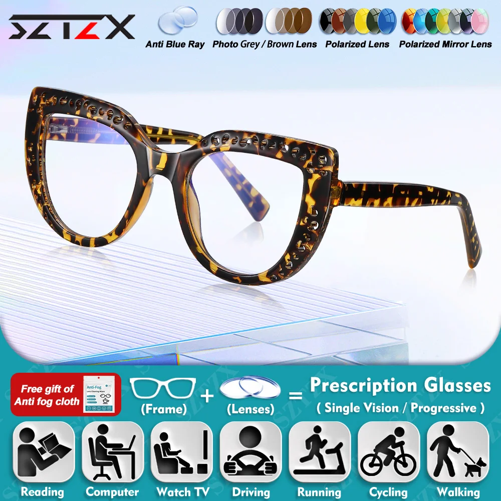 

SZTZX New Design Cat Eye Design Myopia Reading Glasses Women Hollow-Out Design Anti Blue Light Progressive Prescription Eyeware
