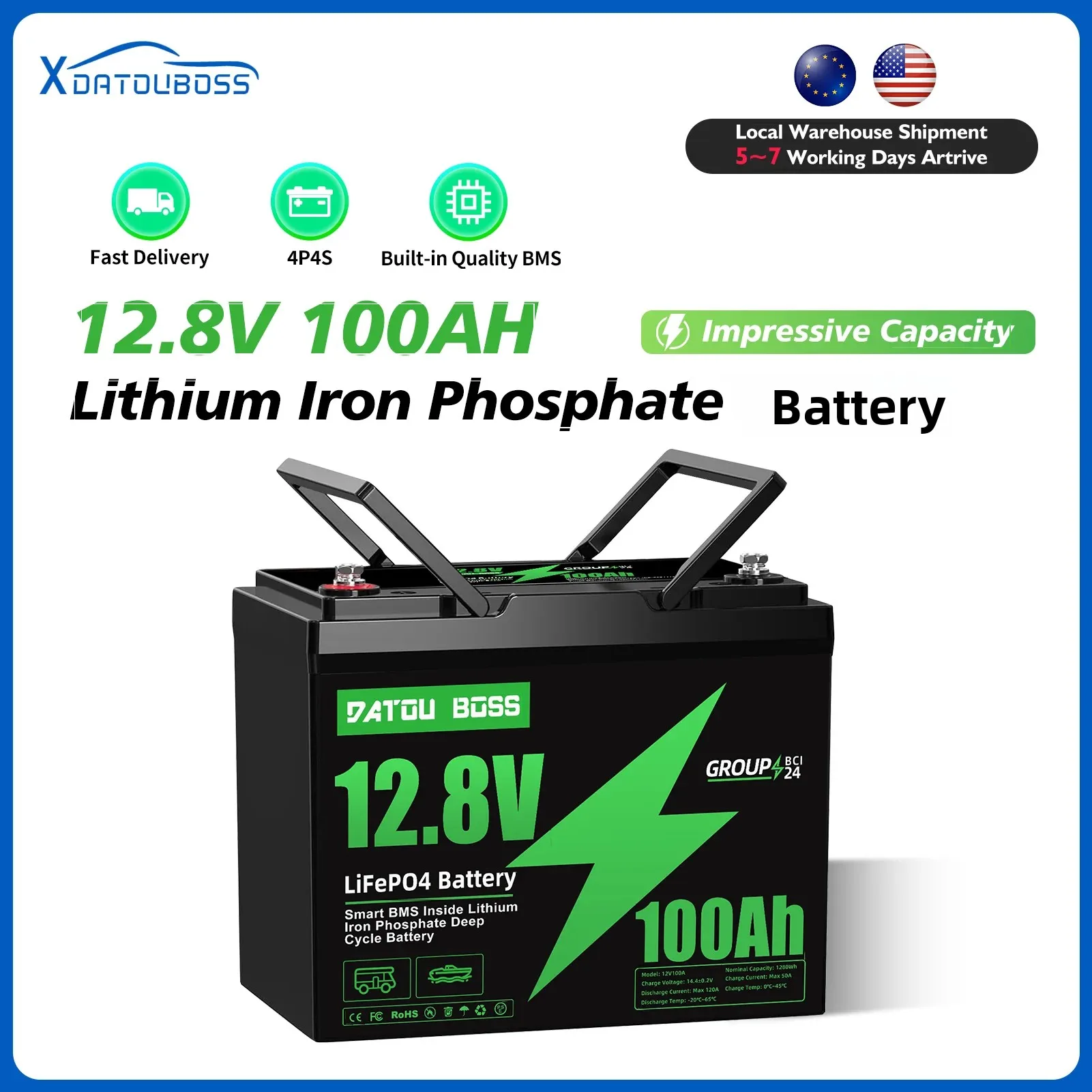 

DATOUBOSS 100AH Lifepo4 аккумулятор 12 В литий-железо-фосфатный аккумулятор для морских/фургонов/гольф-каров/домашних автомобильных аккумуляторов для инверторов